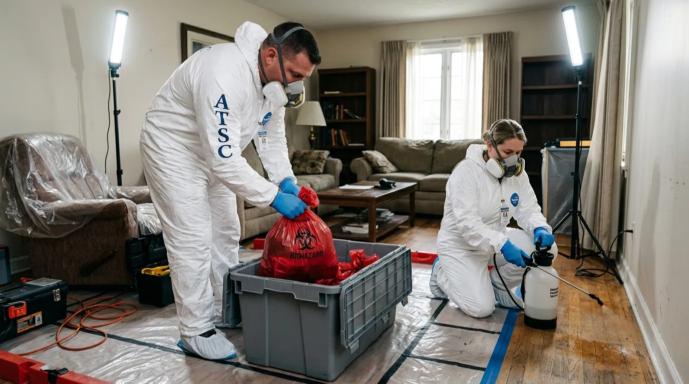 Professional Unattended Death Cleanup technician in full PPE working in Darien